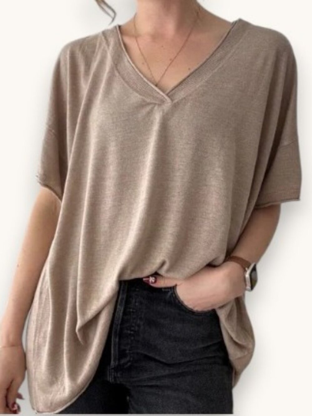 Shae V-neck short sleeve top taupe women's size S